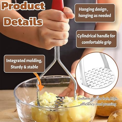 DORMICO® Potato Masher-Food-Grade Stainless Steel Vegetable Masher with Non-Slip Heat Resistant Handle-Large Round Press Plate Kitchen Gadget for Mashed Potatoes, Pav Bhaji, Fruits & Baby Food, Red - Image 3