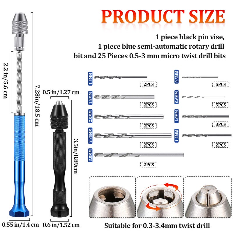 Mudder 27 Pieces Pin Vise Hand Drills Bits Set Semi-automatic Spiral Rotary Tool with 25 Pcs 0.5-3 mm Micro Twist Drill Bits for Resin Polymer Clay Craft DIY Jewelry Electronic Assembling - Image 2