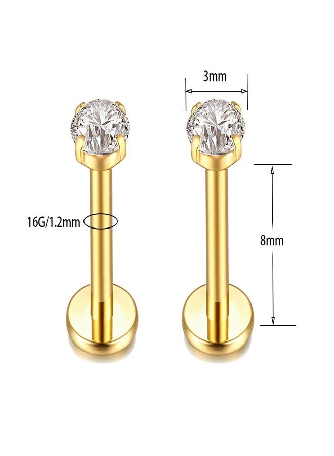 KaseStyle G23 Titanium Labret Studs 16G Lip Earring Piercing Internally Threaded CZ Top Labret Monroe Helix Cartilage Tragus Piercing Studs (8mm 2 pairs gold triple&round CZ) - Image 3