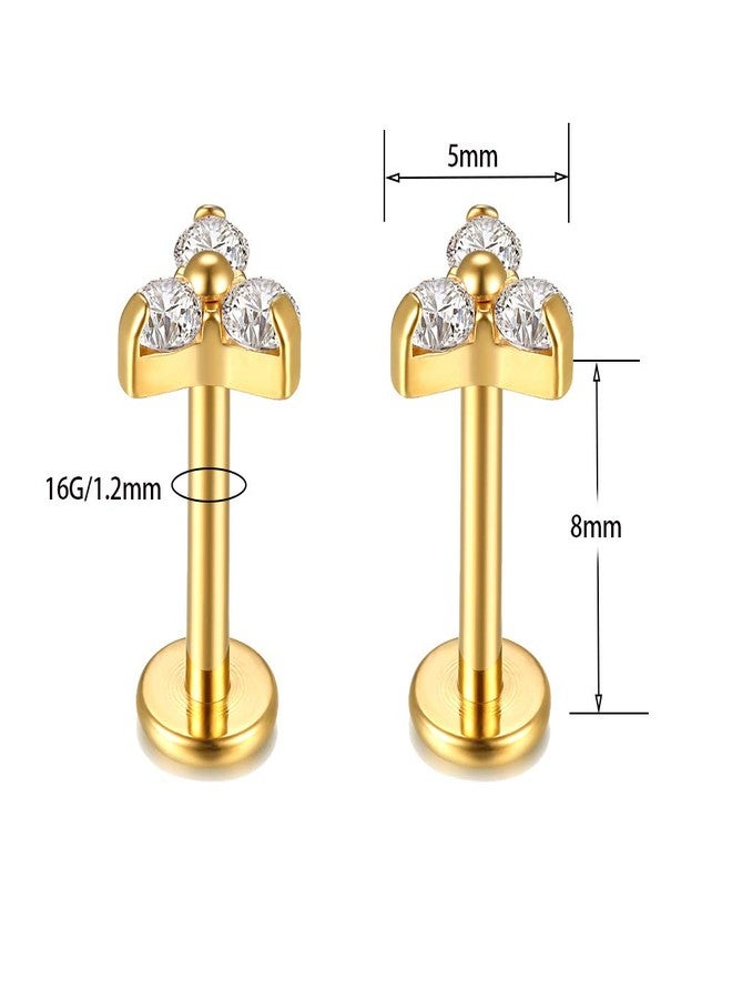 KaseStyle G23 Titanium Labret Studs 16G Lip Earring Piercing Internally Threaded CZ Top Labret Monroe Helix Cartilage Tragus Piercing Studs (8mm 2 pairs gold triple&round CZ) - Image 2
