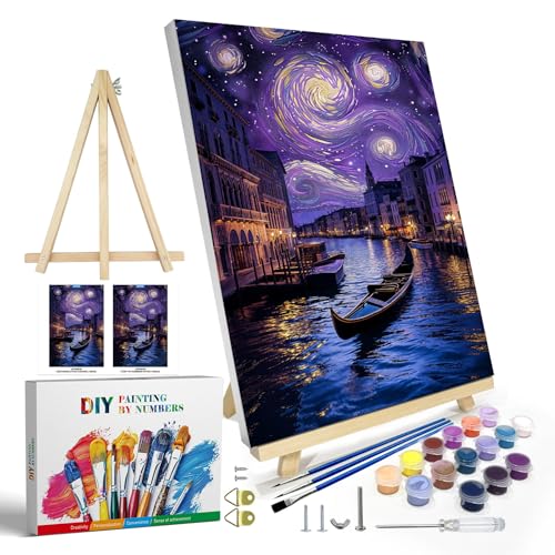 JOOZ Paint by Numbers Kit for Adults with Frame, Starry Night Paint by Numbers with Easel, DIY Town River Boat Paint by Numbers Landscape for Home Wall Decor 8 x 12 Inch - Image 1