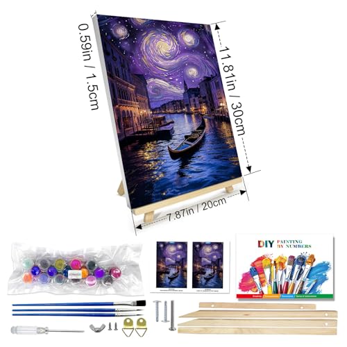 JOOZ Paint by Numbers Kit for Adults with Frame, Starry Night Paint by Numbers with Easel, DIY Town River Boat Paint by Numbers Landscape for Home Wall Decor 8 x 12 Inch - Image 2
