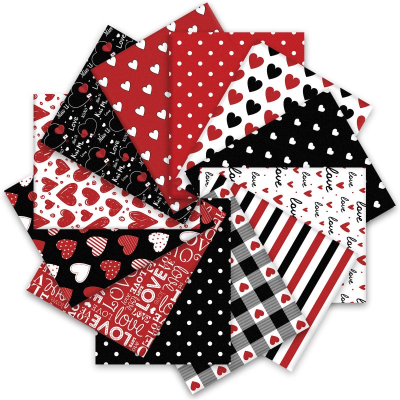 Whaline 12Pcs Valentine's Day Cotton Fabric Bundles 10 x 10 Inch Red Black Love Heart Fat Quarter Romantic Quilting Patchwork for DIY Handmade Sewing Craft - Image 1