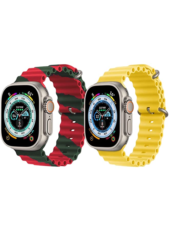 IAF Silicone Ocean Band Strap for Apple Watch Ultra 8 49mm Red/Green Double Line Strap with Yellow Single Color Strap Set of 2