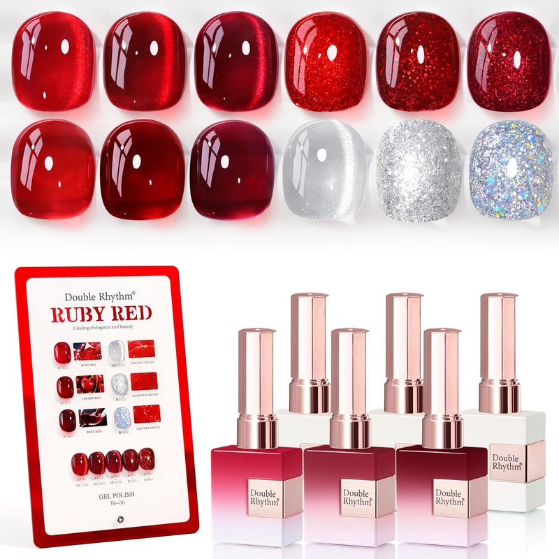 Double Rhythm 6 Pcs 15 ML Gel Polish Set Same Color Same Bottle Soak Off Gel Polish Kit Nail Art Manicure Salon DIY at Home for Women (Jelly Burgundy Red Glitter Silver -T6-56) - Image 1