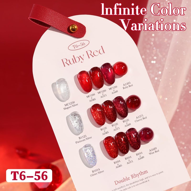 Double Rhythm 6 Pcs 15 ML Gel Polish Set Same Color Same Bottle Soak Off Gel Polish Kit Nail Art Manicure Salon DIY at Home for Women (Jelly Burgundy Red Glitter Silver -T6-56) - Image 5