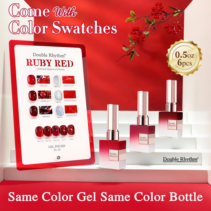 Double Rhythm 6 Pcs 15 ML Gel Polish Set Same Color Same Bottle Soak Off Gel Polish Kit Nail Art Manicure Salon DIY at Home for Women (Jelly Burgundy Red Glitter Silver -T6-56) - Image 2