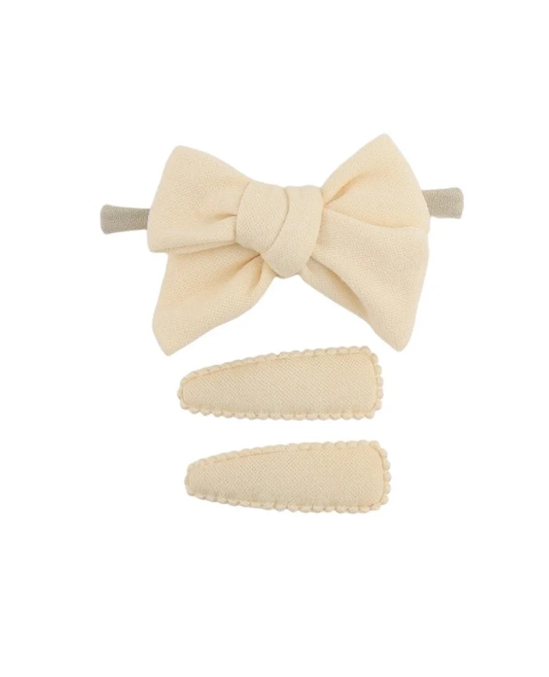 D'Daniela Sara Ribbon Bow Clip Set with Ponytail For Babies and Girls - Cream