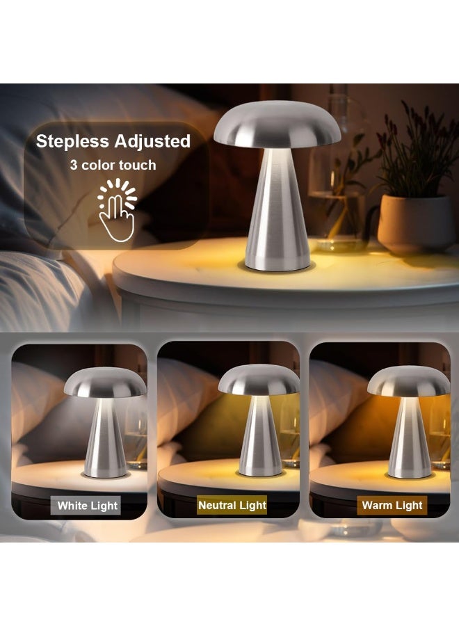 LEFAFA Portable LED Table Lamp, Cordless Mushroom Lamp, Rechargeable Table Lamp for Bedroom Desk, 3-Levels Brightness Touch Dimming Night Light  Desk Lamp for Bedroom Kid Room Dining Room(Silver) - Image 2