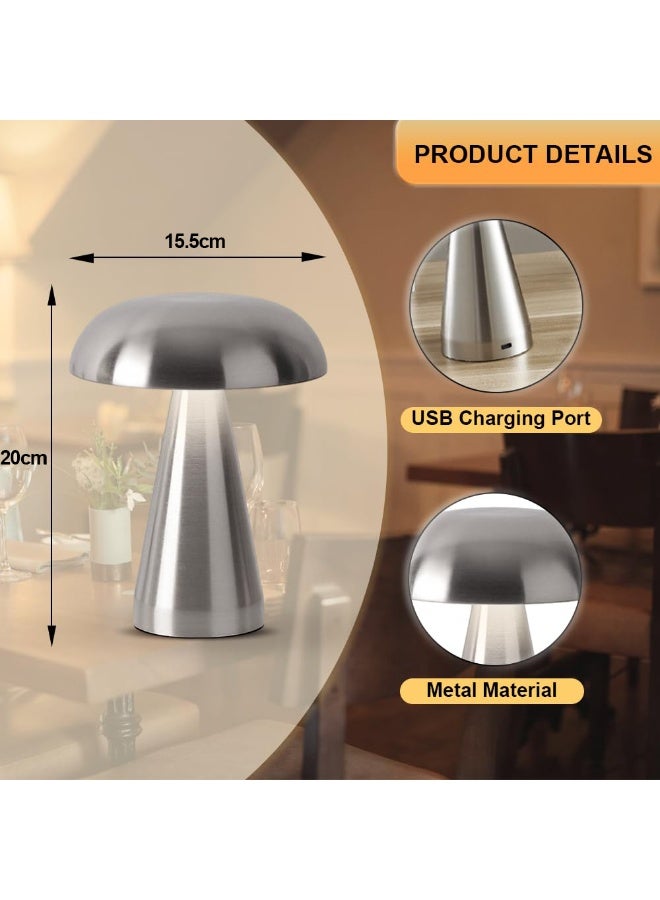LEFAFA Portable LED Table Lamp, Cordless Mushroom Lamp, Rechargeable Table Lamp for Bedroom Desk, 3-Levels Brightness Touch Dimming Night Light  Desk Lamp for Bedroom Kid Room Dining Room(Silver) - Image 3