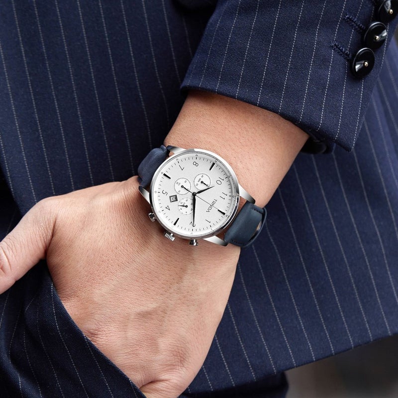 ترندا ساعة TRNDA للرجال من الفولاذ المقاوم للصدأ - سوار جلدي أزرق أنيق ومينا فضي فريد - Image 2