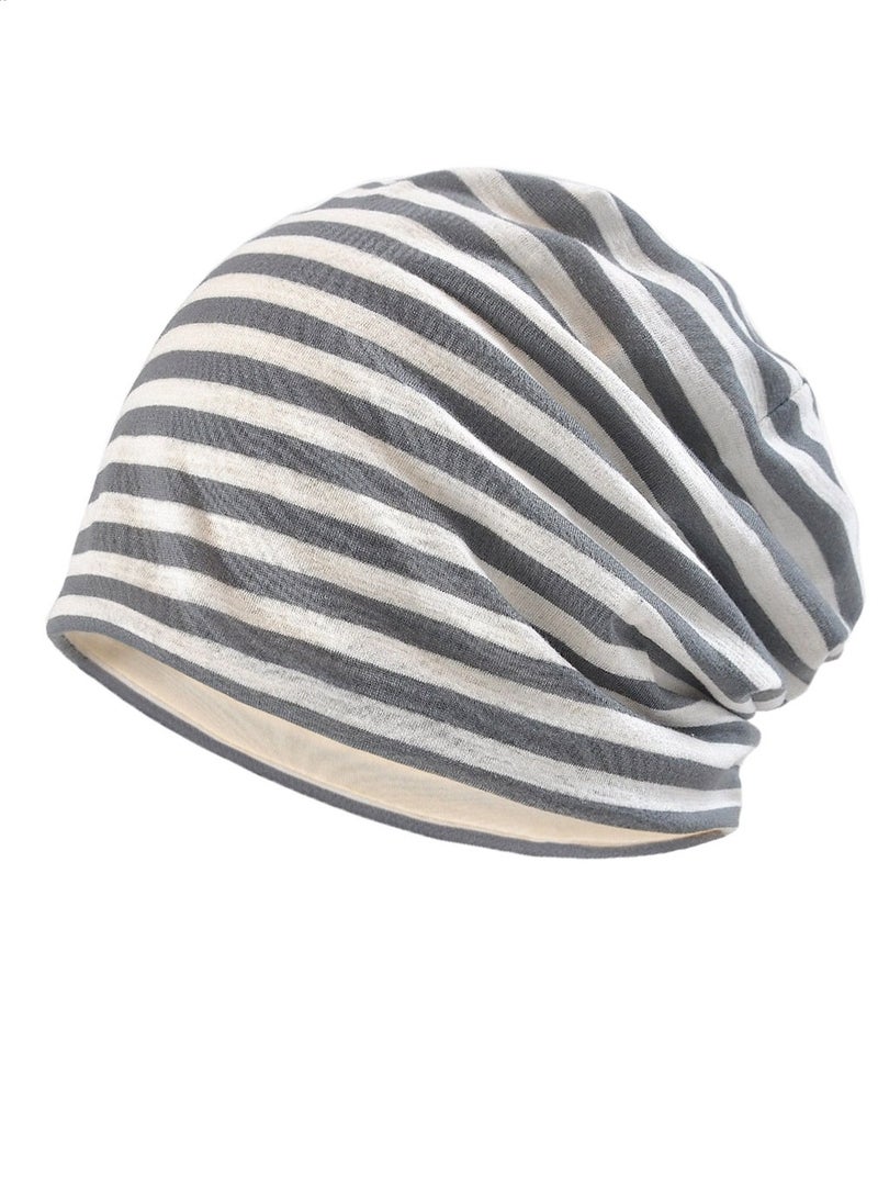 Infinity Scarf Headwear Cap Stripes Breathable Beanie Hat Grey/White 