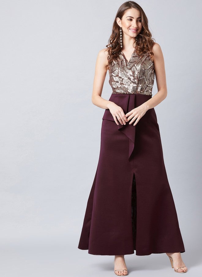 Athena Burgundy Embellished Maxi Dress for Women - Image 1