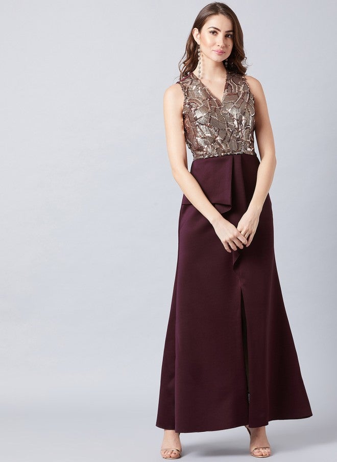 Athena Burgundy Embellished Maxi Dress for Women - Image 5