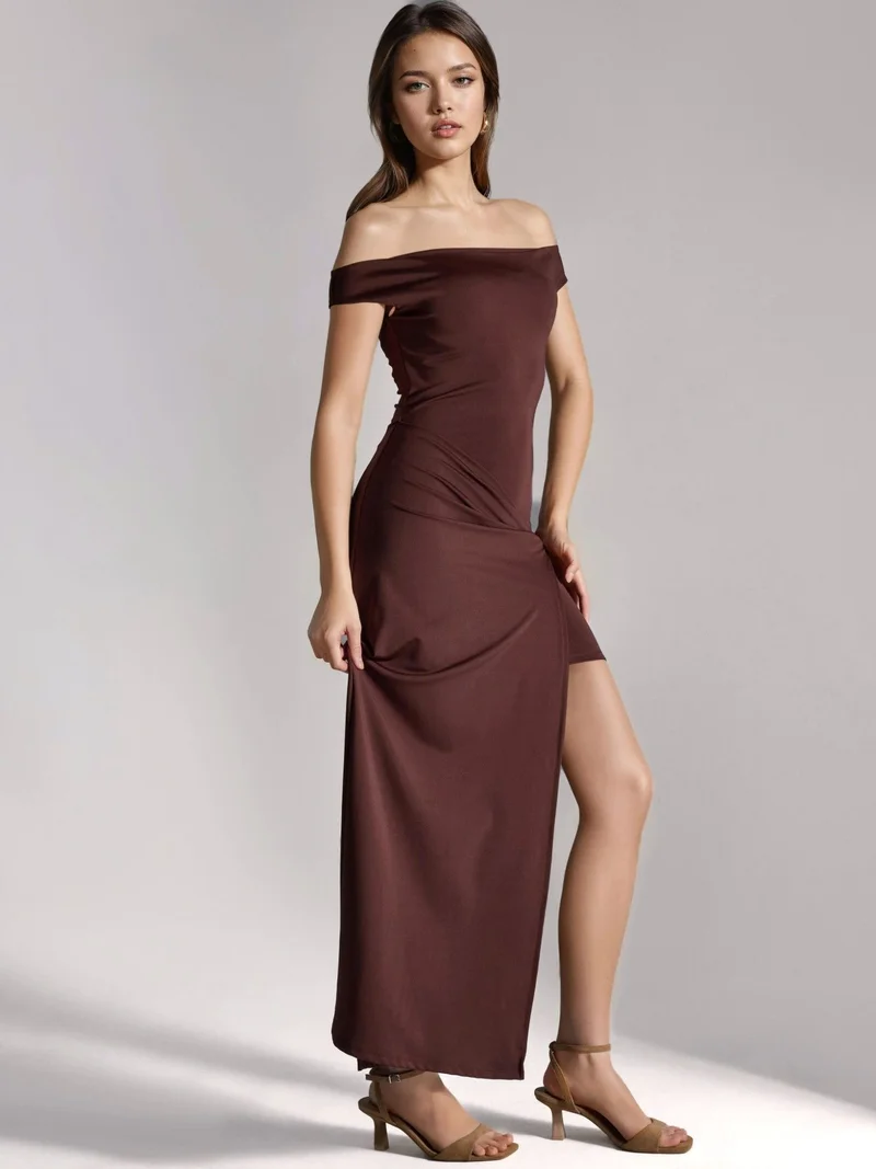 HICCUP Off Shoulder Slit Detailed Maxi Dress