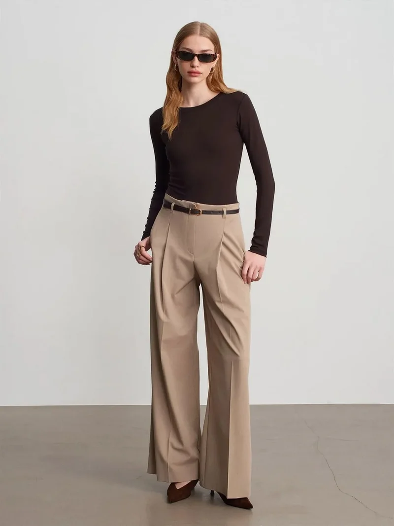 ديلفين Dilvin Women's Belted Wide-leg Crepe Trousers