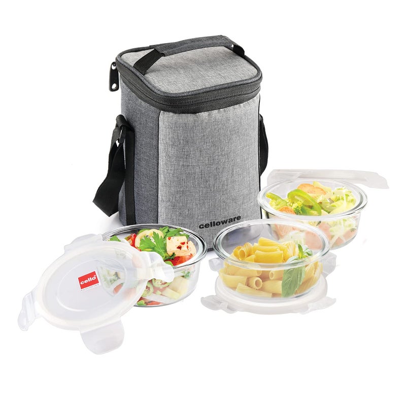 Cello CELLO Delighta Round Borosilicate Glass Lunch Box with Jacket, 400ml, Set of 3 | Vertical Glass Lunch Boxes | Microwave Safe and Leak Proof | Tiffin for Office/School/College | Transparent  - Image 1