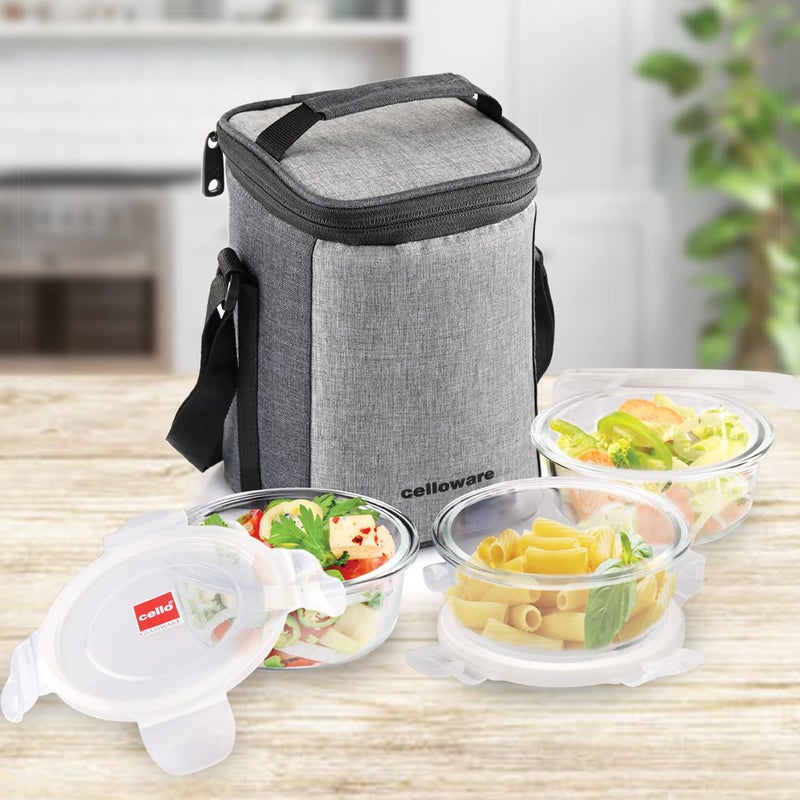 Cello CELLO Delighta Round Borosilicate Glass Lunch Box with Jacket, 400ml, Set of 3 | Vertical Glass Lunch Boxes | Microwave Safe and Leak Proof | Tiffin for Office/School/College | Transparent  - Image 2