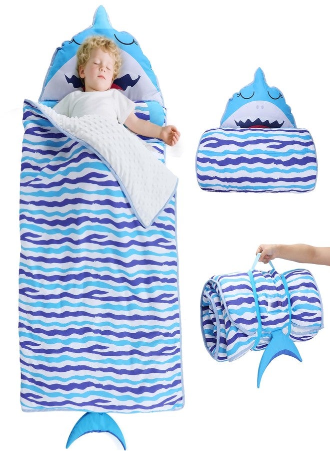 Biubee Thick Shark Toddler Nap Mat with Pillow for Boys - Lightweight & Portable Toddler Sleeping Bag for Kids Aged 1~5 Daycare Preschool Travel - Image 1