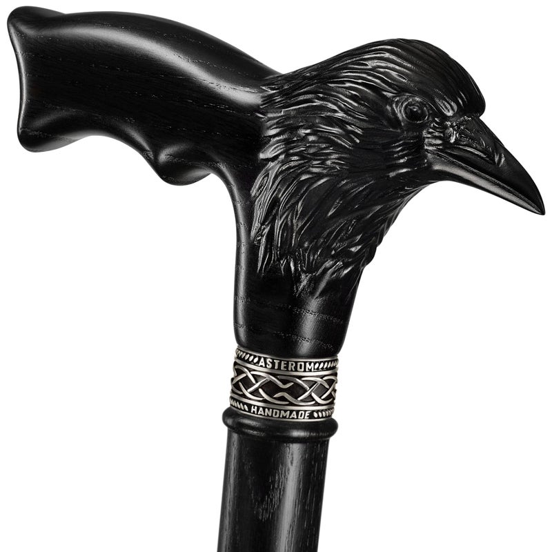 Asterom Handmade Wooden Carved Walking Cane for Men and Women Raven Stylish Walking Stick Gothic Crow Cane Black - Image 3