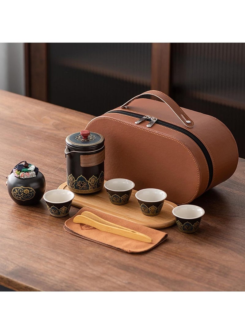ارواق طقم شاي للسفر 4 أكواب 1 وعاء 1 علبة شاي إبريق شاي محمول من السيراميك ومجموعة أكواب شاي حقيبة سفر جلدية بنية للمنزل والمكتب والتخييم في الهواء الطلق والنزهة - Image 1