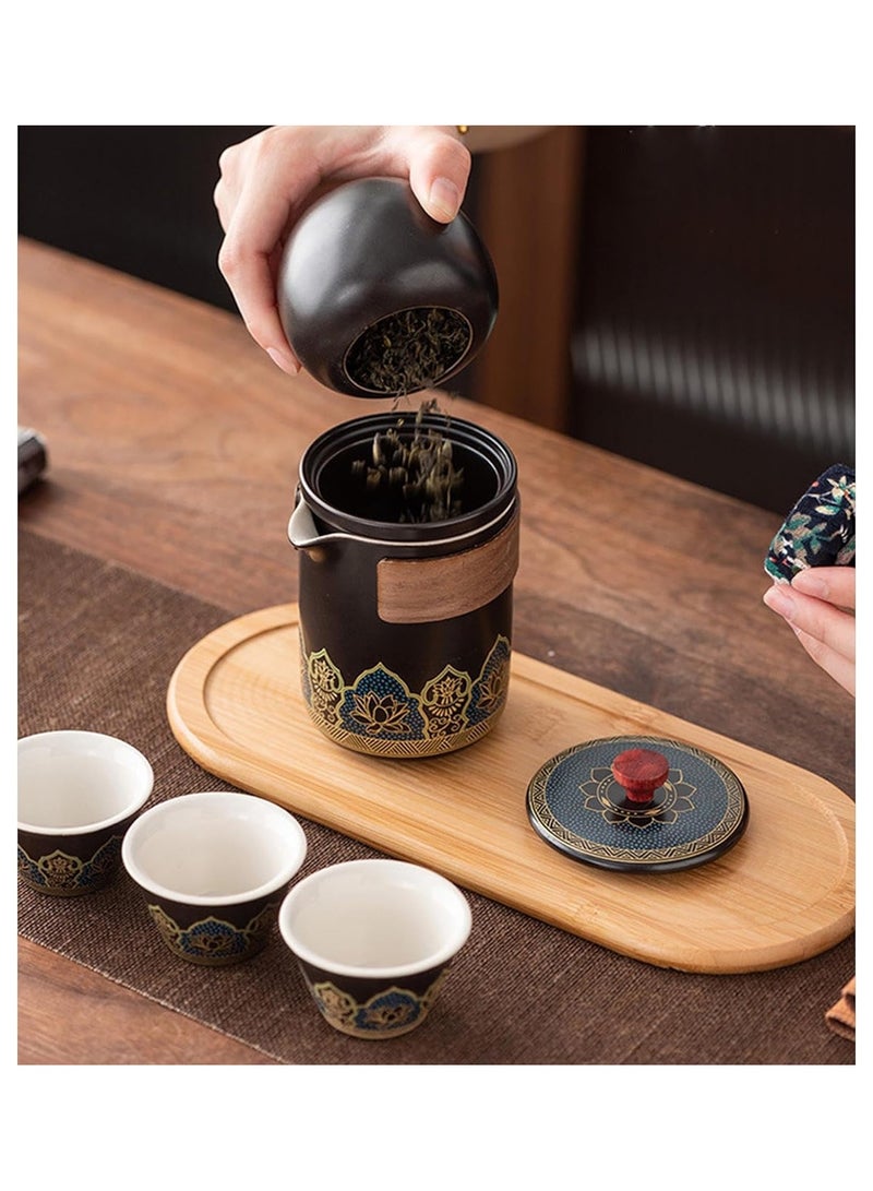 ارواق طقم شاي للسفر 4 أكواب 1 وعاء 1 علبة شاي إبريق شاي محمول من السيراميك ومجموعة أكواب شاي حقيبة سفر جلدية بنية للمنزل والمكتب والتخييم في الهواء الطلق والنزهة - Image 3