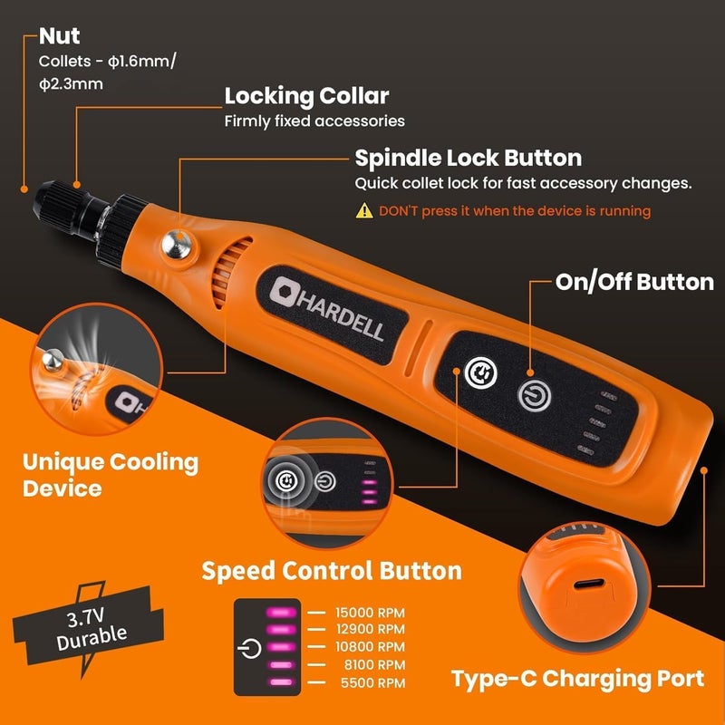 HARDELL Mini Cordless Rotary Tool, 5-Speed Type-C Charging Rotary Tool Kit with 43 Accessories, 3.7V Multi-purpose Power Tool for Woodworking, DIY Crafts, Art Creating - Image 4