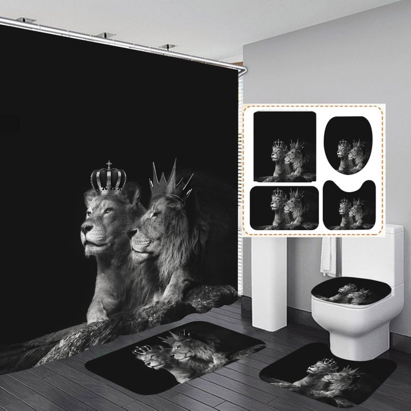 RinRinfam RinRinfam 4Pcs Wild Animal Shower Curtain Set Crown African Lion Couple Curtain with NonSlip RugToilet Lid CoverU Shape MatWaterproof Shower Curtain with 12 Hooks Bathroom Decor SetsBlack 