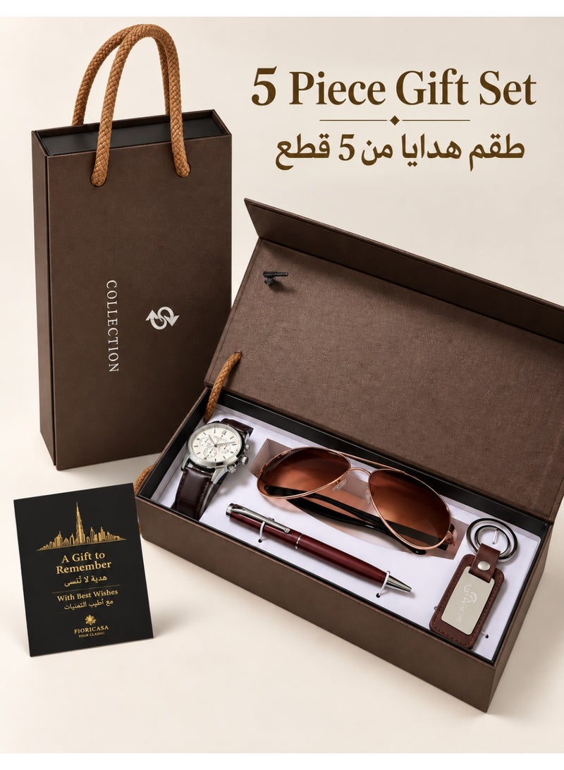 فوريكاسا طقم هدايا رجالي مع ساعة كوارتز ونظارة شمسية طيار وقلم وميدالية مفاتيح بحلقتين وبطاقة تهنئة، علبة هدايا مغناطيسية بمقبض، بني - Image 1