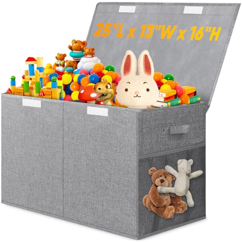 Large Toy Storage Box with Lid Divider Sturdy Collapsible Toys Organizer Chest Kids Storage Bins Boxes Baskets for Boys Girls Nursery Bedroom Living Room Playroom 25x13x16 Gray