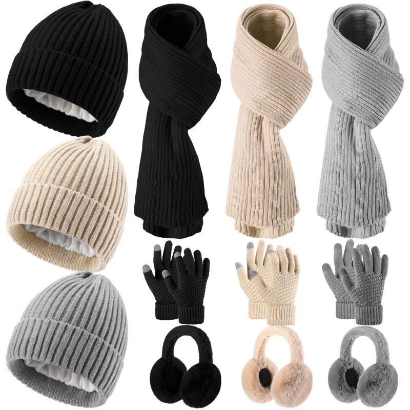 ShinyMatch 12 Pcs Winter Hat Gloves Scarf Earmuff Set Beanie Pompom Fleece Lining Hat Touch Screen Gloves Knitted Scarf(Black, Beige, Gray,Minimalist Style) - Image 1