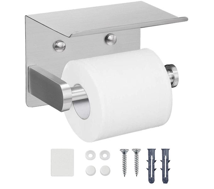 XDERLN SELF ADHESIVE TOILET PAPER HOLDER WITH PHONE SHELF SUS 304 STAINLESS STEEL PAPER ROLL HOLDER WALL MOUNTED TOILET PAPER ROLL HOLDER ADHESIVE OR DRILLING TISSUE ROLL HOLDER WITH SHELF