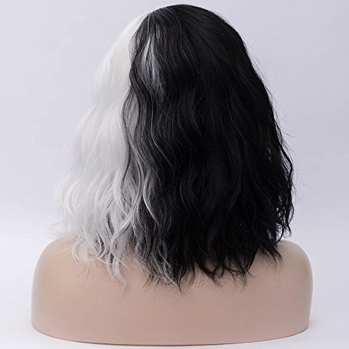 Aicos Short Black and White Costume Wig for Women Halloween Spooky Curly Wig Daily Dress Carnival Party Masquerade Anime Cosplay Wig +Wig Cap - Image 4