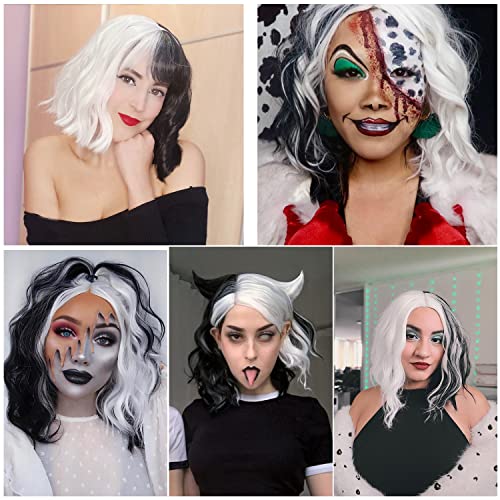 Aicos Short Black and White Costume Wig for Women Halloween Spooky Curly Wig Daily Dress Carnival Party Masquerade Anime Cosplay Wig +Wig Cap - Image 2
