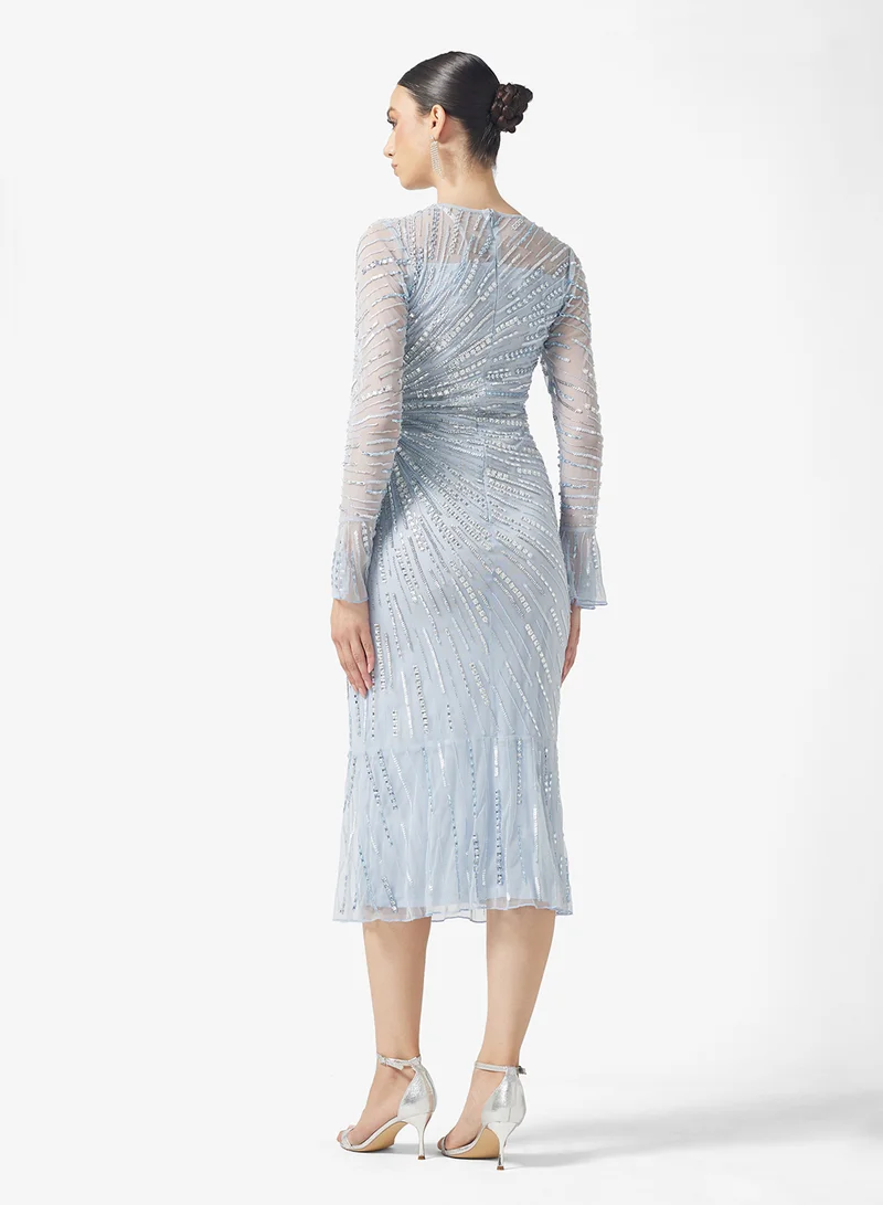 Amelia Rose V-Neck Flared Sleeve Embellished Maxi Dress