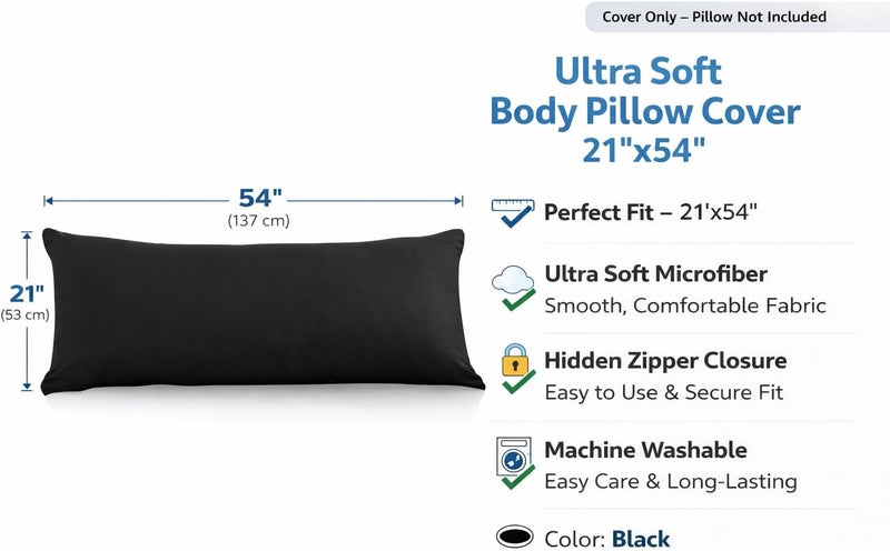 EVOLIVE Ultra Soft Body Pillow Cover 21"x54", Cozy Microfiber Pillowcase with Hidden Zipper, Breathable, Perfect for Pregnancy & Side Sleepers, Cover Only (21"x54" Body Pillow Cover, Black) - Image 3