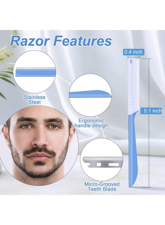 MoHern Straight Edge Razor, 6 Pcs Facial Razor for Men, Stainless Steel Face Dermaplaning Razor, Mustache and Beard Shaping Tool, Travel Razor with Anti-slip Handle (Blue) - Image 3