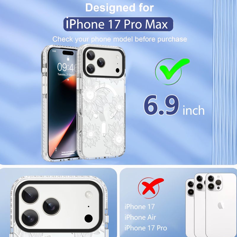 OOK Clear Floral case for iPhone 17 Pro Max Case, Cute Sunflower Floral Blooms DesignSoft TPU Bumper Hard PC Shockproof Protective for Women Girls Slim Phone Cover - White Flower - Image 2