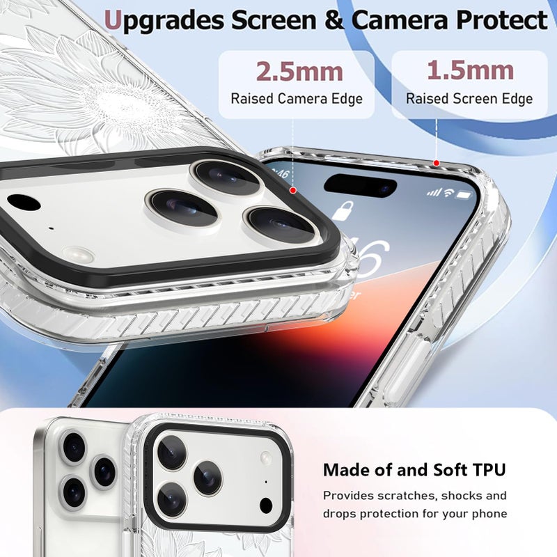 OOK Clear Floral case for iPhone 17 Pro Max Case, Cute Sunflower Floral Blooms DesignSoft TPU Bumper Hard PC Shockproof Protective for Women Girls Slim Phone Cover - White Flower - Image 3