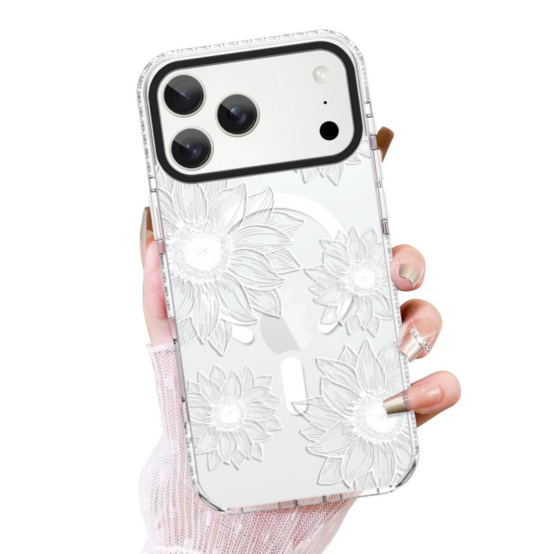 OOK Clear Floral case for iPhone 17 Pro Max Case, Cute Sunflower Floral Blooms DesignSoft TPU Bumper Hard PC Shockproof Protective for Women Girls Slim Phone Cover - White Flower - Image 1