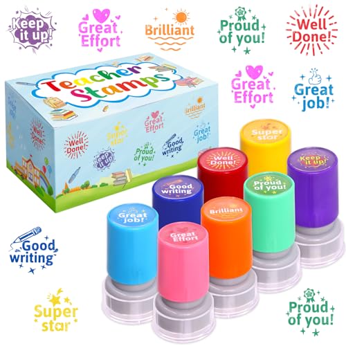 Fancy Land Teacher Stamps Self Inking for Classroom Rubber Stamp for Grading Homework Test Motivation Students Behavior Reward Supplies 8Pcs - Image 1