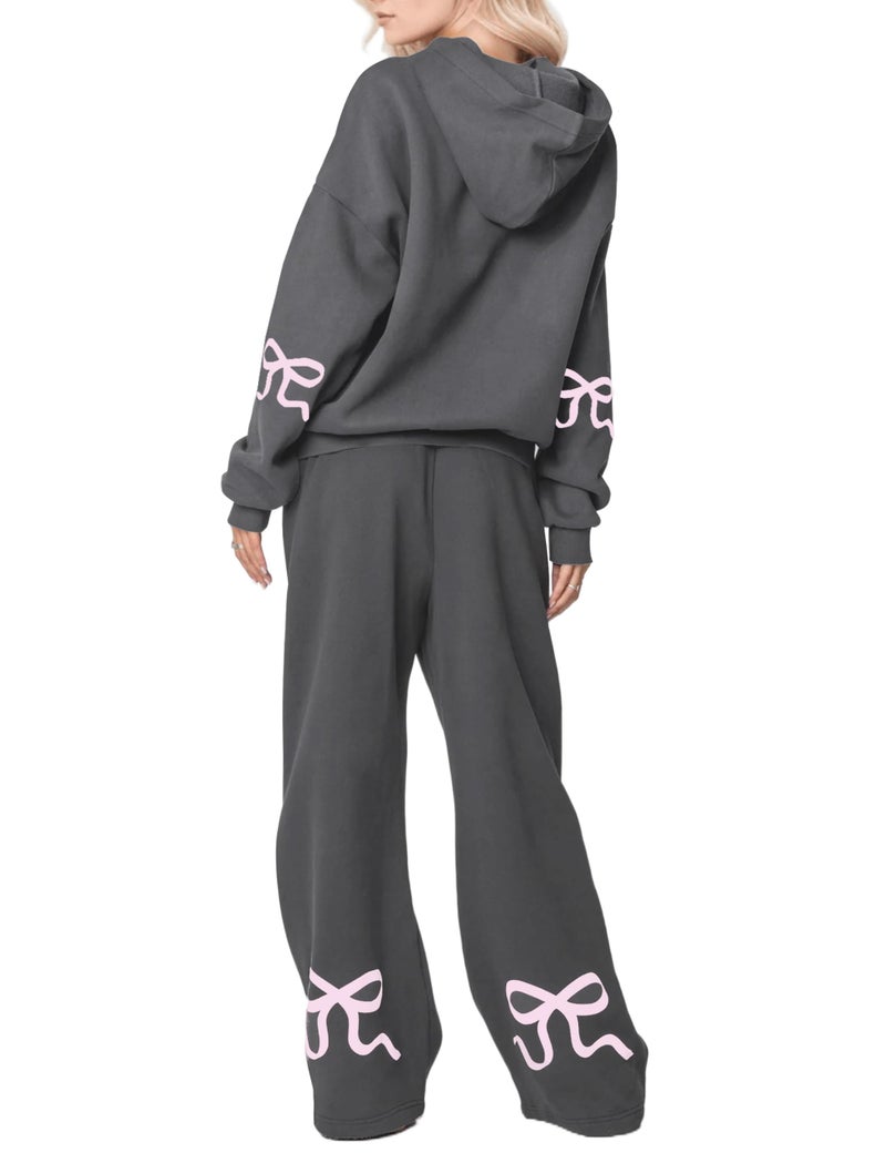 Livtany Women's 2 Piece Outfits Bow Trim Print Hoodie Sweatsuit Sets Oversized Sweatshirt Wide Leg Sweatpants With Pockets - Image 1