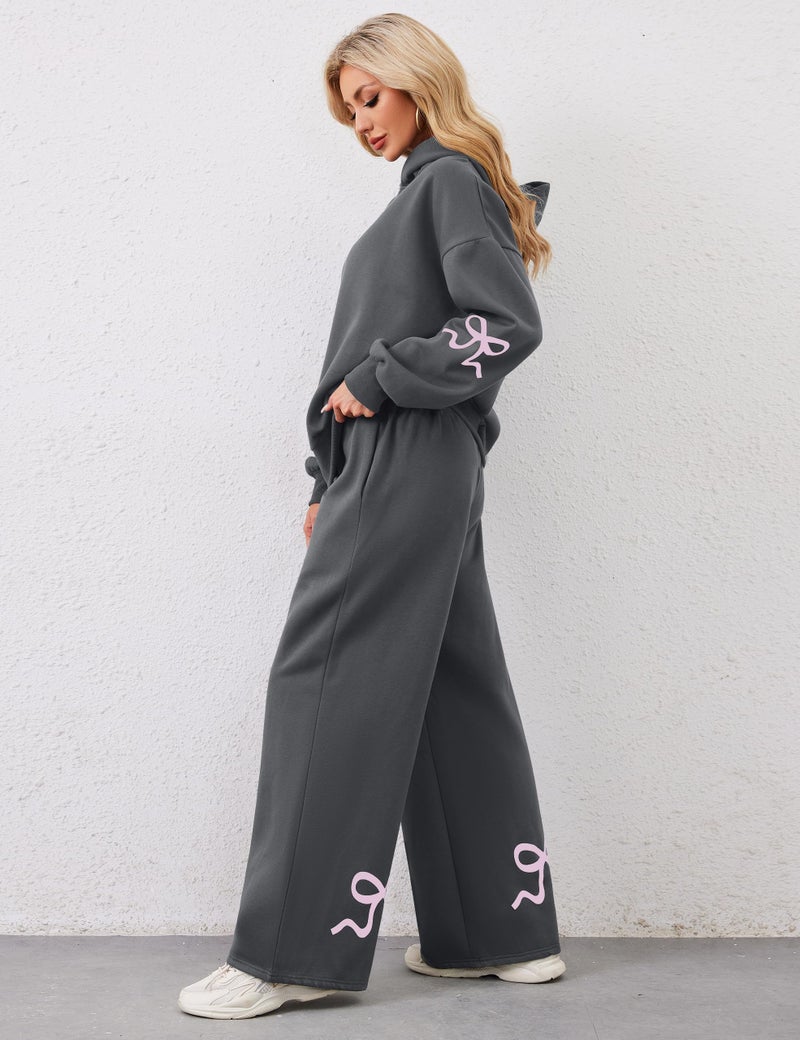 Livtany Women's 2 Piece Outfits Bow Trim Print Hoodie Sweatsuit Sets Oversized Sweatshirt Wide Leg Sweatpants With Pockets - Image 4