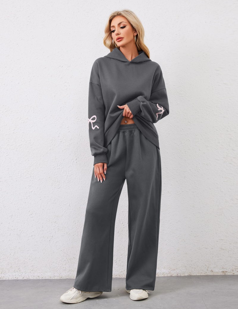 Livtany Women's 2 Piece Outfits Bow Trim Print Hoodie Sweatsuit Sets Oversized Sweatshirt Wide Leg Sweatpants With Pockets - Image 3