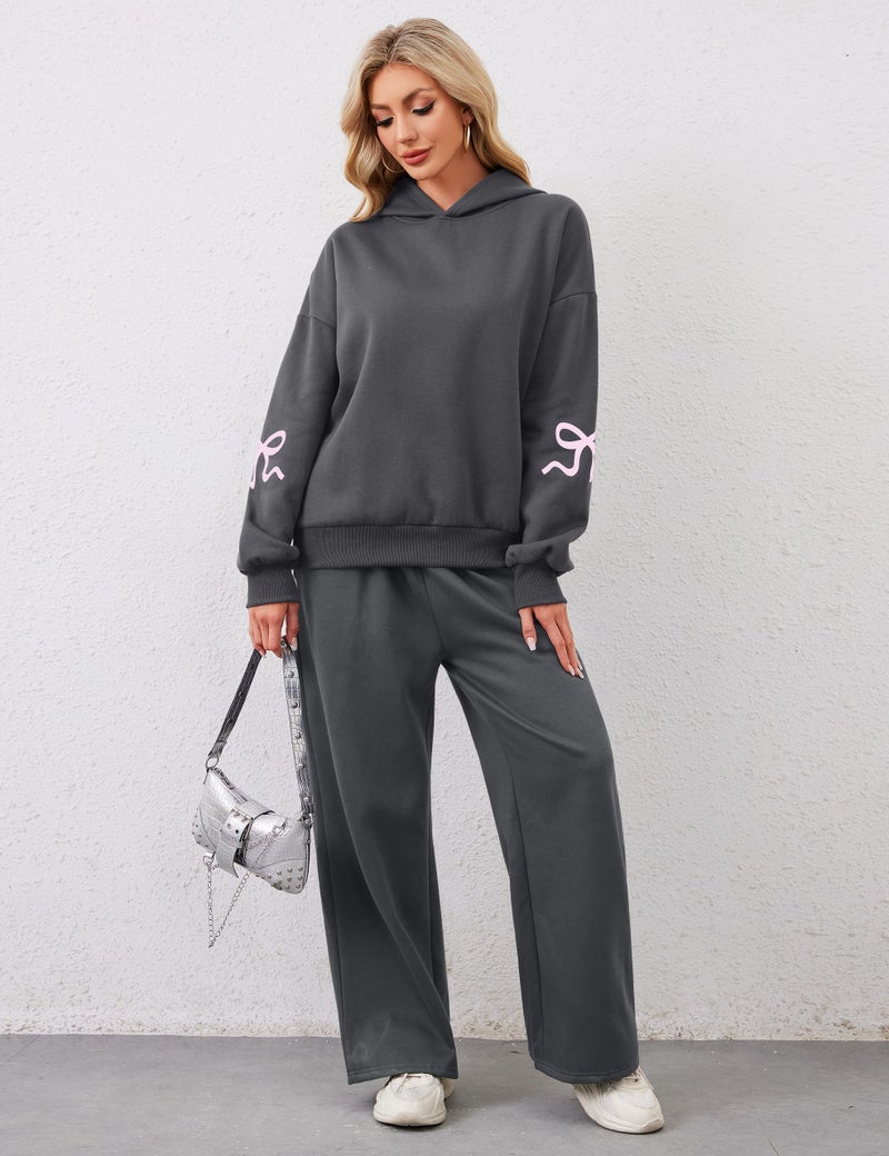 Livtany Women's 2 Piece Outfits Bow Trim Print Hoodie Sweatsuit Sets Oversized Sweatshirt Wide Leg Sweatpants With Pockets - Image 2