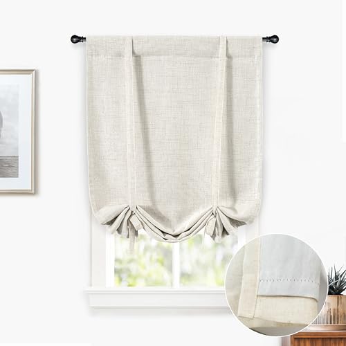 DriftAway Double Layer Linen Blackout Tie Up Curtains Thermal Insulated Fully Lined Balloon Roman Shade Bathroom Window Adjustable Rod Pocket for Small Window 25 Inch by 47 Inch Light Linen - Image 1