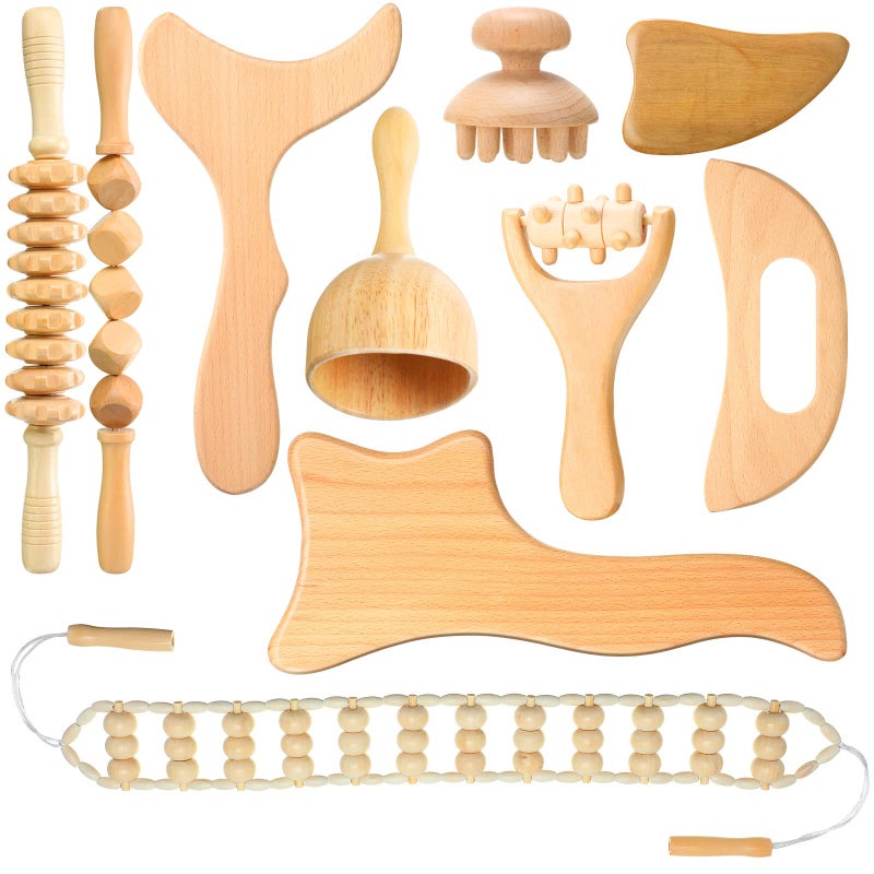 Chumia Chumia 10 Pieces Wood Massage Tools Wooden Maderoterapia Kit Therapy Tools Massage Roller Lymphatic Drainage Health Care for Neck Leg Back Arm Body Muscle Pain Relief