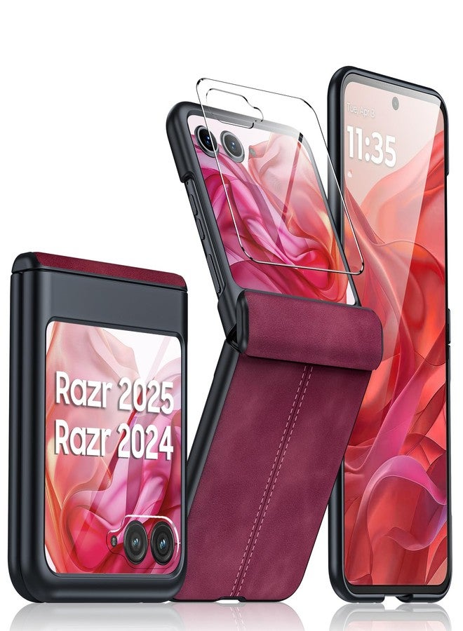 BSNRM for Motorola Razr 2024 Case/Razr 2025 Case, Built-in Screen Protector & Hinge Protection & Ultra Thin PU Leather Matte PC Shockproof Phone Cover Smartphone Case for Moto Razr 2024/2025(Red) - Image 1