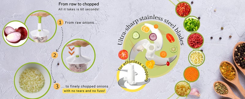 Brieftons Express Manual Food Chopper: 6.8-Cup, Hand Chopper Vegetable Cutter to Chop Veggies, Fruits, Herbs, Garlic Onion Chopper for Salsa, Salad, Pesto, Hummus, Guacamole, Coleslaw, Indian Cooking - Image 4