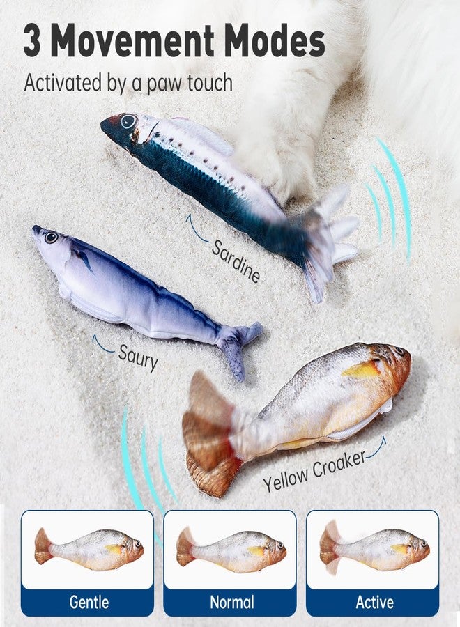 Petgravity Bite-Sized Realistic Flopping Fish Cat Toys, 3 Pack, Interactive Cat Toys for All Breeds, Tap-Activated 3 Flapping Mode, Sardine/Saury/Yellow Croaker, 7.1 Inches, with Catnip, Rechargeable - Image 2